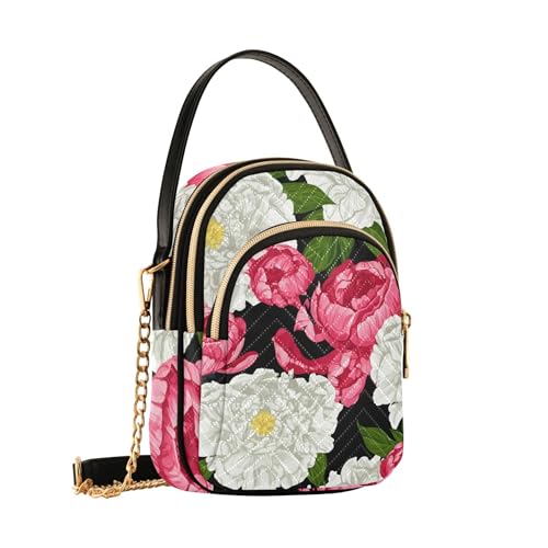 Pink White Peonies Floral Shoulder Handbags for Women Phone Handbag Small Chain Purse Floral Print Zipper Designer Bowler Tote, 5.9" × 8.3" × 3.1"2