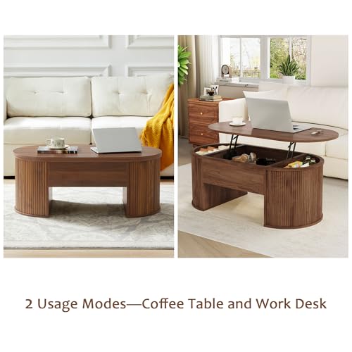 Image of QHITTY Fluted Coffee Table with Lifting Top, Oval Wood Lift Top Coffee Table with Hidden Compartment, Mid Century Pull up Center Tables for Living Room, Office - Walnut