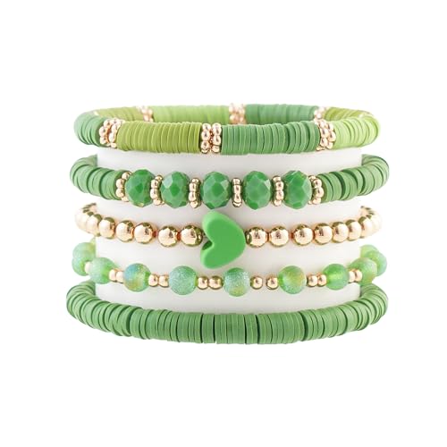 RISHEGAE St.Patricks Day Bracelet Green Heishi Beaded Stretch Bracelets for Women Stackable Gold Polymer Clay Beads Bracelets Friendship Boho Summer Beach Bracelet Jewelry