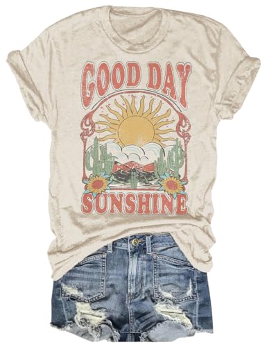 Women's Good Day Sunshine T Shirt Summer Casual Boho Retro Hippie Sun Nature Graphic Tees Tops(C-621-Beige,L)