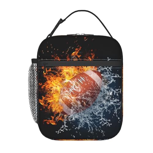 Anyako American Football Lunch Bag For Boys Girls, Reusable Fire Water Sport Lunch Box Insulated Portable Lunch Tote For Kids School Men Women Adults Work Travel