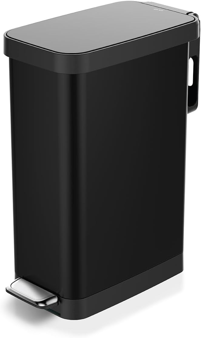 Glad Slim Trash Can with Clorox Odor Protection - Narrow Kitchen Garbage Bin with Soft Close Lid, Step On Foot Pedal and Waste Bag Roll Holder, Black, 12 Gallon/45 Liter