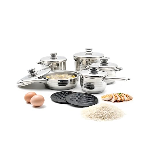 Avilia Batería de cocina de 12 piezas de acero inoxidable – Juego de ollas apto para todos los tipos de cocinas – Cada olla dispone de tapa específica – Ideal para cocinar todo tipo de platos
