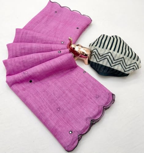 Image of Linen Cotton Saree with Black Mirror Work | New