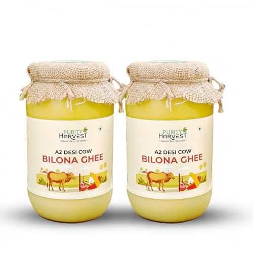 Image of Purity Harvest A2 Desi Cow Ghee 2 litre | Vedic Bilona Churned | Grass-Fed Gir Cow Milk | Cultured Curd Ghee | Pure & Natural | Traditional Indian Method | Danedar Texture | Healthy Cooking & Puja Use | Glass Bottle Pack