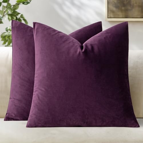 Image of MIULEE Pack of 2 Velvet Pillow Covers Decorative Square Pillowcase Soft Solid Cushion Case for Sofa Bedroom Car 24 x 24 Inch 60 x 60 cm Eggplant Purple