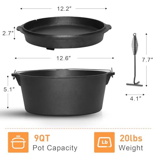 Image of Camping Dutch Oven, 9 Qt Pre-Seasoned Cast Iron Camp Dutch Oven Pot with Lid - Lid Lifter, Cast Iron Dutch Oven with Metal Handle for Cooking BBQ Baking Campfire Modern Black