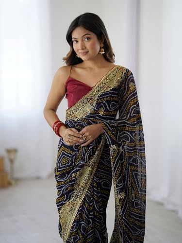 Image of Satrani Women's Georgette Bandhani Printed Embroidered gota lace Saree with Unstitched Blouse Piece