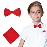Chanseen Red Bow Tie and Pocket Square for Boys Kids Pre Tied Adjustable Bowtie Handkerchief Set for Wedding Valentine Graduation Formal Dress Accessories