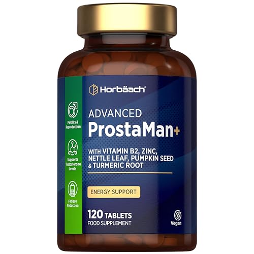 ProstaMan+ Supplement for Men | Complex Formula with Pumpkin Seed Nettle Leaf Vitamin B2 Zinc and Turmeric Root | 120 Vegan Tablets | by Horbaach