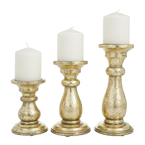 Deco 79 Mango Wood Decorative Candle Holder Turned Style Pillar Candle Stand, Set of 3 Candlestick Holder 10", 8", 6"H, Brass by Deco 79 - Used condition - US$34.43