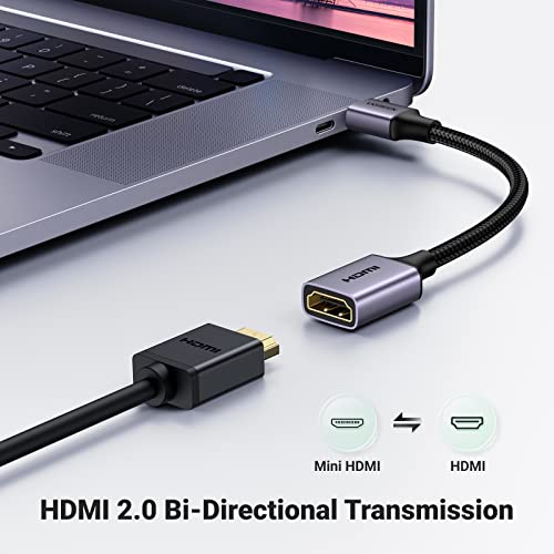 Image of UGREEN Mini HDMI to HDMI Adapter Aluminum Shell Braided 4K 60Hz HDR 3D Compatible with Raspberry Pi Zero 2 W /W Portable Monitor DSLR Camera Camcorder Graphics Card Laptop Projector Tablet, Grey