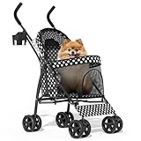 MoNiBloom 4 Wheels Pet Stroller, Easy-Fold Umbrella Shaped Dog Cat Jogger Stroller w/Storage Bag & Visible Mesh for Small/Medium Dogs Cats Black Polka Dots
