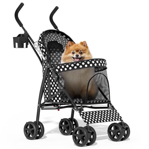 Image of MoNiBloom 4 Wheels Pet Stroller, Easy-Fold Umbrella Shaped Dog Cat Jogger Stroller w /Storage Bag & Visible Mesh for Small /Medium Dogs Cats Black Polka Dots