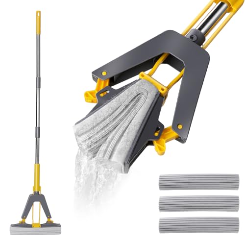 Masthome Fregona de Esponja Absorbente, Fregona Mopa con Mango Largo de 130 cm, 3 Reutilizables PVA Esponja Head, para Suelos de Madera, Estratificados, Azulejos y Mármol, Amarillo + Gris