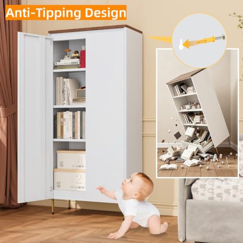 Image of 59 inch Metal Pantry Cabinet,White Kitchen Pantry Cabinets with Doors | Tall Freestanding Storage Cabinet with Adjustable Shelves,Anti-Tip,Modern Cabinet for Living Room, Kitchen, Bathroom,Dining