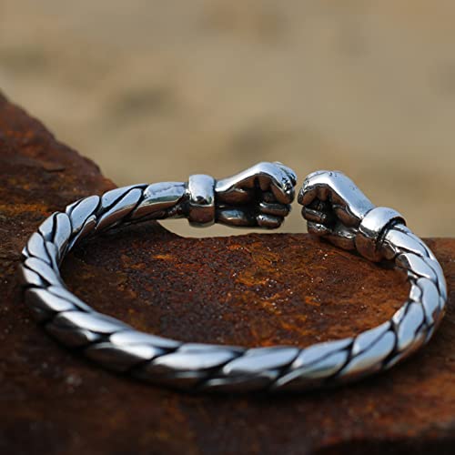Serired S990 Sterling Silver Double Fist Collision Open Bangle For Men, Vintage Adjustable Boxing Twist Punk Bracelet, Handmade Hip Hop Power Cuff Jewelry #TOP4