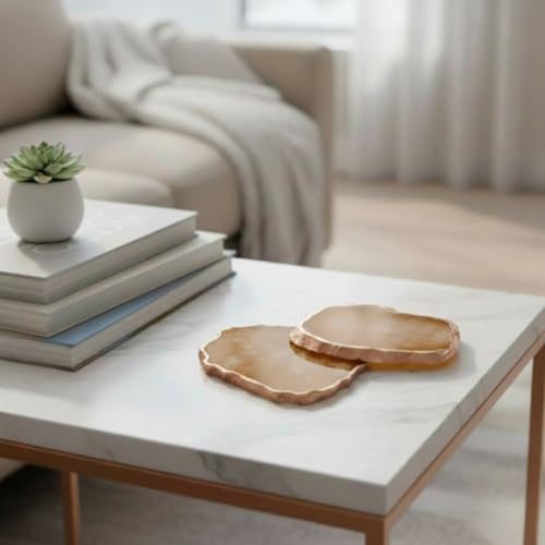 Image of Natural Agate Stone Tea Coasters Set | Premium Stone Coasters for Tea, Coffee & Glass | Heat Resistant Coasters for Dining Table, Office Desk & Home Decor | Pack of 2 | Color -Brown