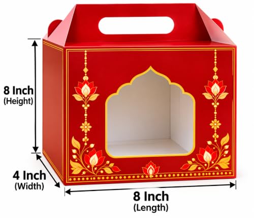 Image of SATYAM KRAFT 6 Pcs Red & Golden Gift Hamper Box with Window & Handle,Decorative Gift Packaging Box for Wedding, Festive Gifting, Sweets, Dry Fruits, Return Gifts & Celebrations (Small)