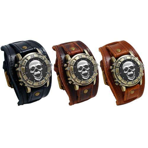 JewelryWe Reloj de hombre de piel auténtica con calavera: 3 piezas vintage steampunk plateado gótico cráneo reloj de pulsera para hombre correa de cuero ancho motorista deporte casual reloj para