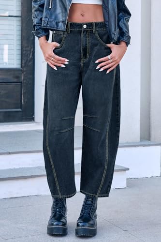 Mid Rise Barrel Jeans for Women Mid Waist Wide Leg Cropped Denim Pants Y2k Baggy Boyfriend Jeans with Pockets4
