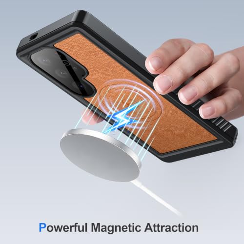 Image of ANTSHARE IP68 Waterproof Case for Samsung Galaxy S24 Ultra, Brown | Compatible with MagSafe, Built-in Screen /Lens Protector - Shockproof Full Body Protection, Back Leather for Swimming /Outdoor