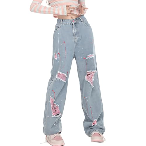 Harajuku Y2K Kawaii Goth Fashion Casual Loose Wide Leg Vintage Pink Ripped Distressed Jeans Pants for Women
