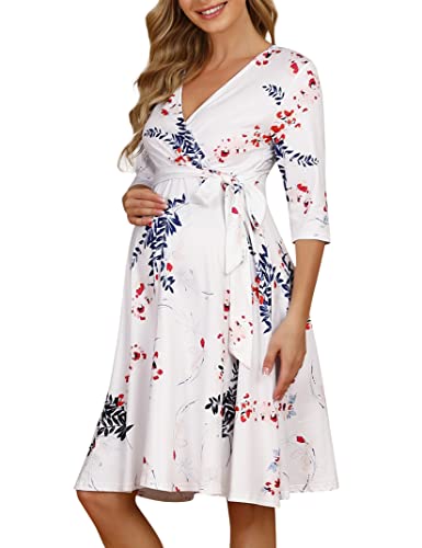 KOJOOIN Vestido de Maternidad para Mujer Delgado con Cuello en V Elegante Vestido de Lactancia Vestidos Premama Verano Casuales para Embarazadas Flores02（Manga 3/4） S