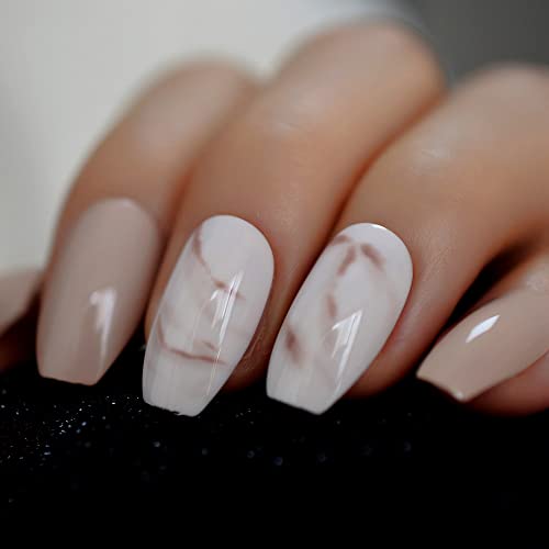 CoolNail 24Pcs Ballerina Fake Nails Khaki Nude Marble Coffin Flat Artificial False Nail Tips for Office Home Faux Ongle Free Glue Sticker