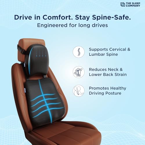 Image of The Sleep Company Ortho Spine Protector Combo Back Support Cushion + Neck Pillow for Car & Driving | Lumbar & Cervical Pain Relief, Posture Support | Ergonomic Smartgrid Cushions,Black