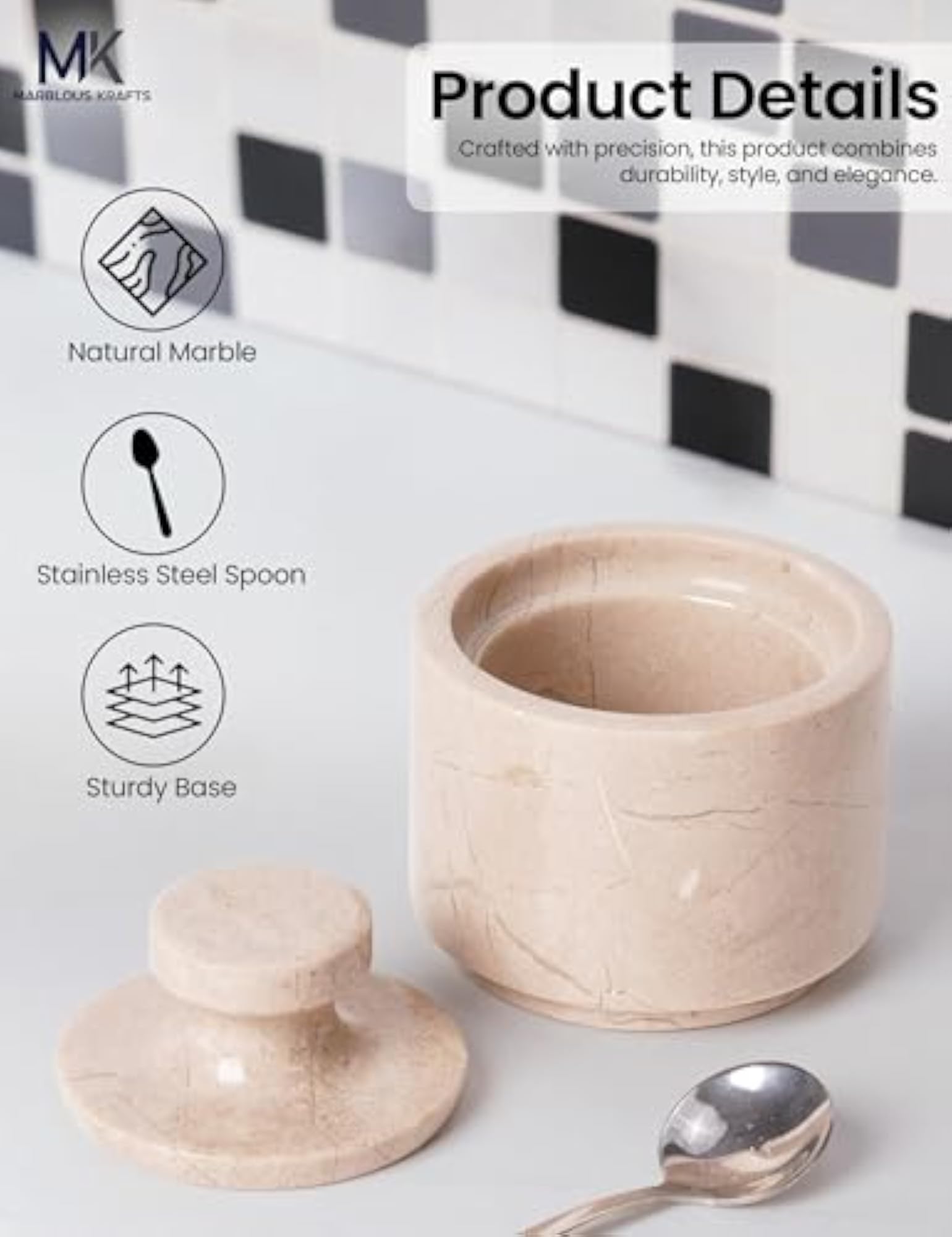 Marble Salt Cellar with Lid and Spoon, Kitchen Decor