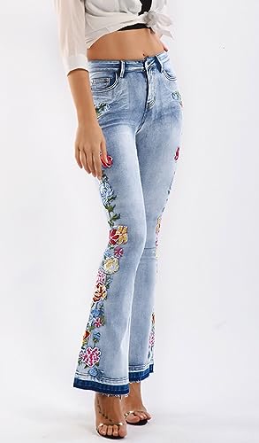 CHARTOU Womens Chic Floral Embroidered High-Rise Bell Bottom Flare Jeans Broad Feet Long Denim Pants2