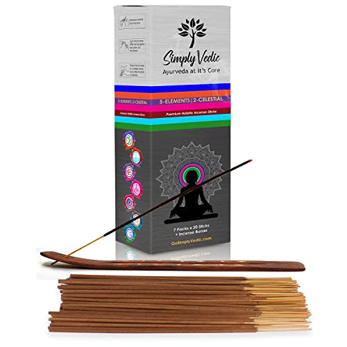 Simply Vedic 5 Elements 140 Sticks Incense Stick Premium Agarbatti With Burner Lasting 60 Minutes Each For Meditation, Yoga, Reiki, Healing, Aromatherapy Energy Cleansing (20 Sticks Pack X 7 Variants) #TOP2
