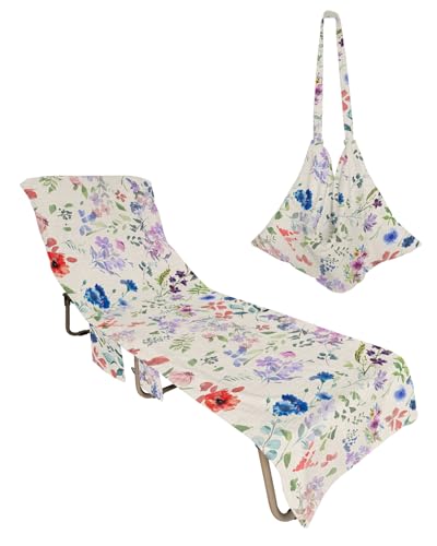 Country Rustic Plants Beach Chair Towel Covers for Chaise Lounge with Side Pocket, Soft Plush Pool Towels Cover for Patio Sunbathing Outdoor 29''x85'' Botanical Aesthetic Floral Herb