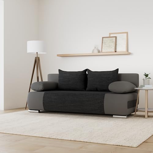 Schlafsofa Naki - Sofa mit Schlaffunktion und Bettkasten, Bettsofa, Couchgarnitur, Couch, Sofagarnitur, Bett (Grau + Schwarz (Alova 36 + Berlin 02)) – Bild 3