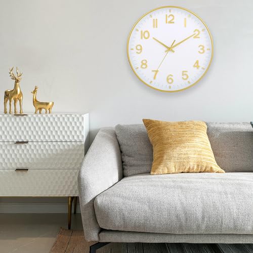 Image of HZDHCLH White and Gold Wall Clocks Battery Operated 12 inch Silent Non Ticking Modern Wall Clock for Living Room Bedroom Kitchen Office Decor