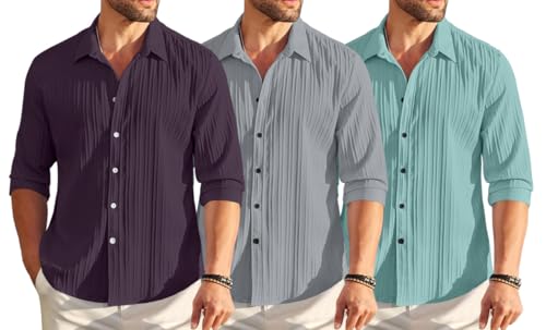 Image of FINIVO FASHION Combo of Men's Casual Cotton Plain Button Down Shirt Long Sleeve Textured Summer Beach Shirt for Men Pack of 3