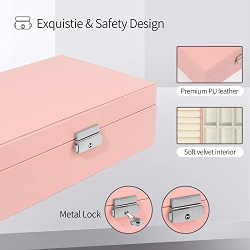 Mactoou Jewelry Box, 2 Layer Jewellery Box Organizer for Women Girls, PU Leather Jewellery Storage Case Holder with Removable Tray for Necklace Earrings Rings Bracelets Watches Brooches, Pink