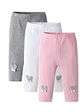 Derouetkia Baby Girl Leggings Solid Colour Cute Pants 3Pcs, Grey+White+Pink, 3-6 Months