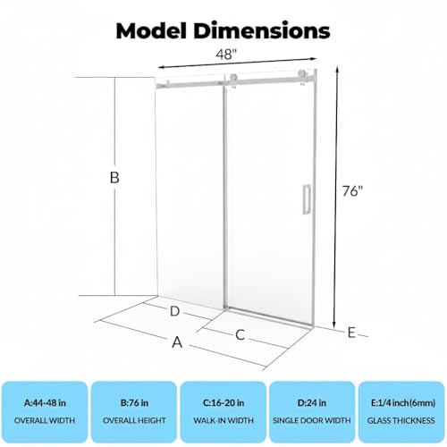 Image of Sliding Shower Door, 44-48 inch Wx76 inch H Glass Shower Door with Stainless Steel Frame, One Fixed One Sliding Panel, Brushed Finish, Ideal for Bathroom Tub