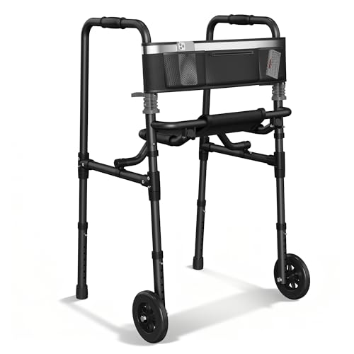 Walkers for Seniors, 2 Wheel Rollator Walker with Seat, 5' Wheels, Foldable Walker with 6' Ultra Backrest & Storage Bag, Height Adjustable, Lightweight Rolling Walker，Only 8LBS