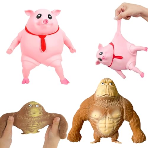Gorilla Stressabbau Spielzeug und Piggy Squeeze Toy Set – Extrem Dehnbar & Robust, Schweine Quetschspielzeug, Anti-Stress Geschenk für Erwachsene, Lustiges Wut-Spielzeug für Zuhause und Büro