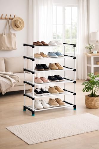 Image of PLX Store 6 Tier Plastic Shoe Rack for Home, Stackable Shoe Organizer Shelf Stand, Space Saving Footwear Storage Rack for Bedroom, Closet & Entryway