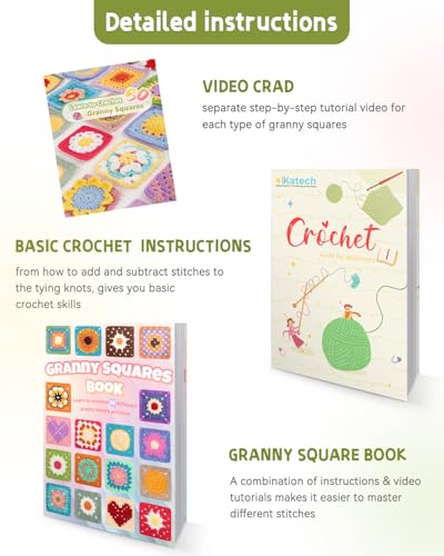 Image of Katech Crochet Kit for Beginners Adults with Step-by-Step Video Tutorials, 50 Granny Square Kit for Beginner Learn to Crochet, Crochet Starter Kit for Crocheter w / 12 Upgraded Yarn-Beginner Friendly
