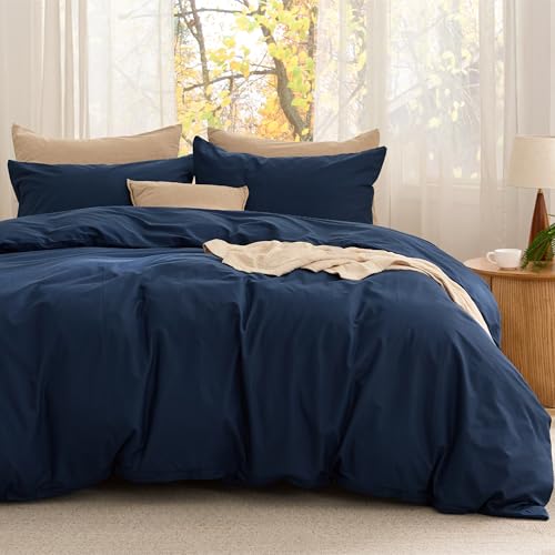 Image of Bedsure Comforter Set Queen Size - Cotton Fabric with Microfiber Inner Fill, Navy PureWoven Soft Bed Set for All Seasons, 3 Pieces, 1 Comforter (90 inch x 90 inch) and 2 Pillow Cases (20 inch x 26 inch)