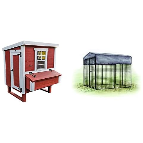 OverEZ Medium Chicken Coop for up to 10 Chickens - Nesting Box - Large Bird, Poultry and Hen House & OverEZ Chicken Run Tarp Cover , Fits 8ft Walk-in Run , Heavy-Duty Canvas Tarp Cover