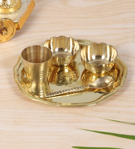 Image of Two Moustaches 5 Inches Brass Pooja Thali Set, Brass Thali Set for Bhog, Set of 1 Thali, 2 Katori, 1 Glass and 1 Spoon, Golden, Gifts for Puja Ceremony, Plate for Pooja - Set of 5 Pieces, Small