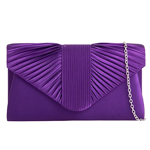 UShopUK Pochette in raso plissettato stile da sposa, ballo di fine anno, matrimonio, sera, festa, borsa a mano, Viola, medium