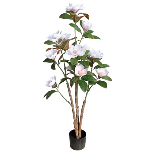 Artificial Magnolia Tree, 4FT Faux Potted Plant, 48 Inch Fake Magnolia Tree with Realistic Flowers...