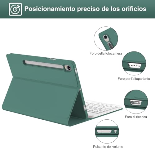 Funda teclado Samsung Galaxy Tab S9 FE y S10 FE con teclado Bluetooth inalámbrico español Ñ verde 7